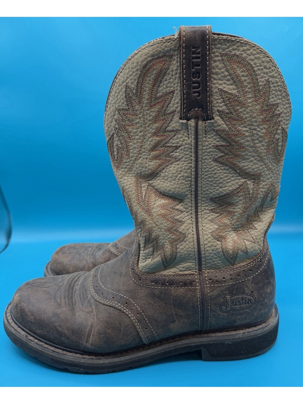 Justin Stampede Men’s Brown Leather Western Work Cowboy Boots Round Toe 11D GUC